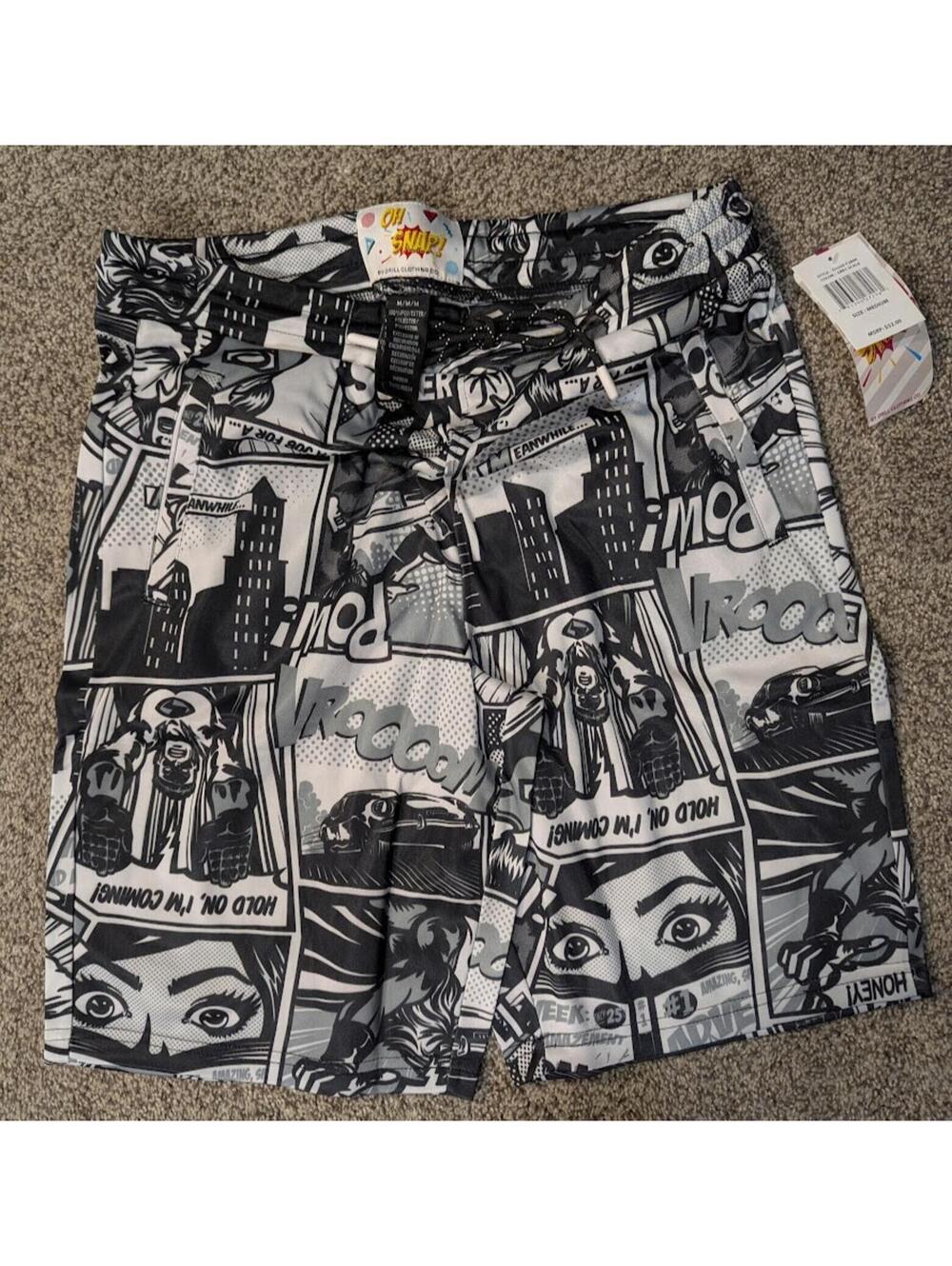 Oh Snap Drill Clothing Co Comic Print Shorts Medium NWT Grey Black D2339-Y2800
